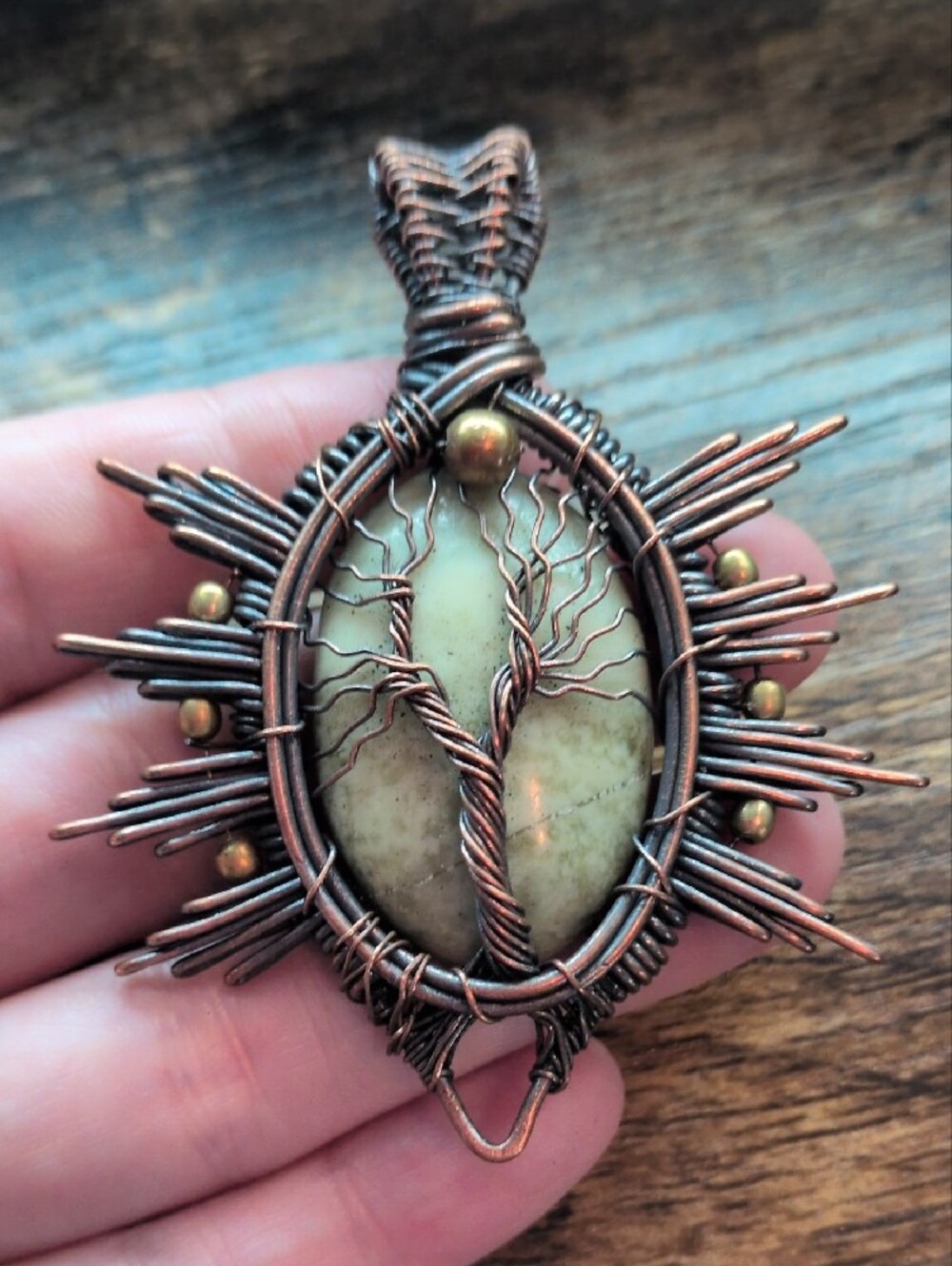 Handcrafted Copper Wire Tree of Life Green Jasper Pendant